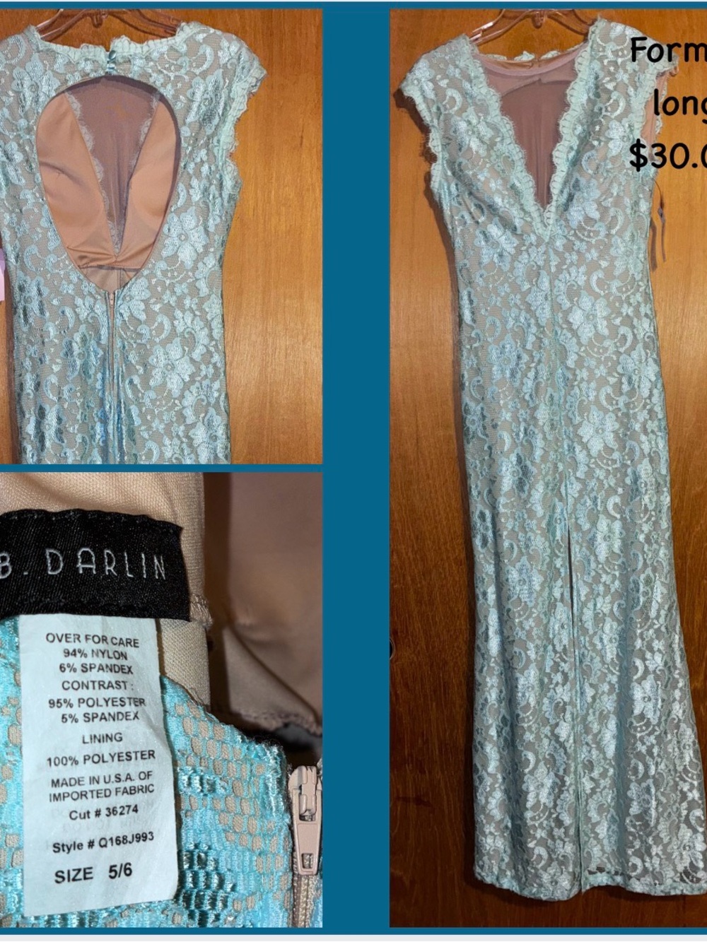B Darlin Seafoam Lace Maxi Dress with Nude Lining. All info provided. No returns